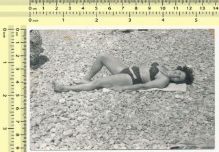 Bikini Woman Hairy Legs,  Swimwear Lady Laying On Beach Old Photo