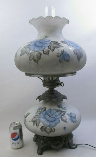Huge - Hurricane Gwtw Parlor Lamp W/blue Floral Pattern - 3 Way - 27 " Tall (77a)
