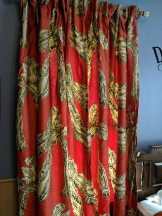 Vintage Mcm Retro Regency Coral Grey & Gold Barkcloth Drapes Curtain Panels