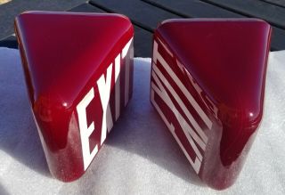 Two Vintage Ruby Red Glass Exit Sign Triangle Globe Wall & Ceiling Mount Style