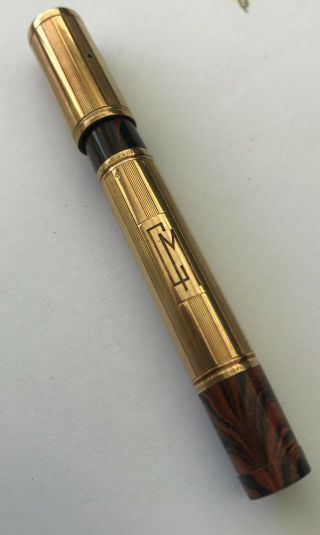 French Waterman 42 1/2 V Solid 18k Gold Safety Fountain Pen Red Black Ripple