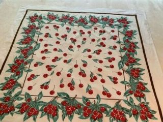 Vintage Tablecloth Cherries Euc Cotton White Red Teal Brown