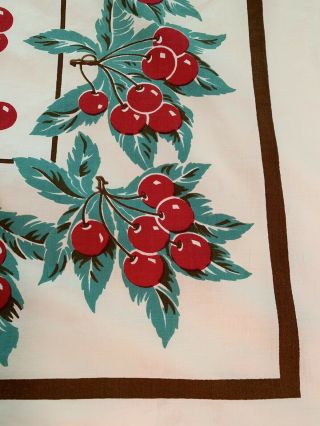 Vintage Tablecloth Cherries EUC Cotton White Red Teal Brown 2