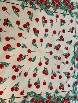 Vintage Tablecloth Cherries EUC Cotton White Red Teal Brown 3