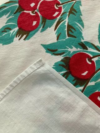Vintage Tablecloth Cherries EUC Cotton White Red Teal Brown 5