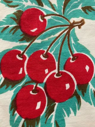 Vintage Tablecloth Cherries EUC Cotton White Red Teal Brown 6