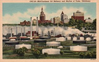 Tulsa,  Ok,  Mid - Continent Oil Refinery & Skyline,  1952 Linen Postcard G4673