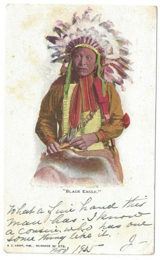 " Black Eagle " Native American Indian Man Feather Headdress Postcard