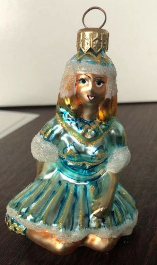 Large Christopher Radko Girl Blue Dress Gold Glitter Glass Blown Ornament