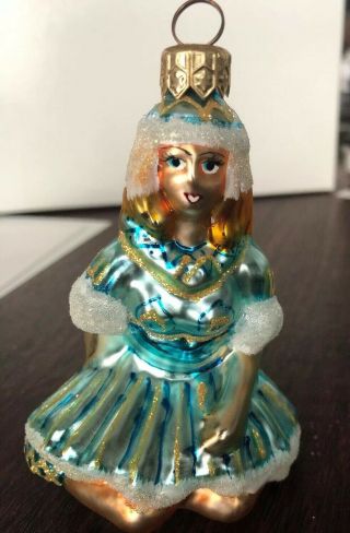 Large Christopher Radko Girl blue dress gold glitter glass blown ornament 5