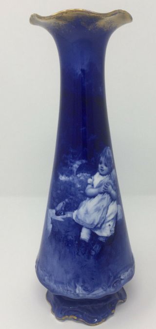 Royal Doulton Babes Woods Rare Blue Vase Children Series W/ Fluted Gold Base