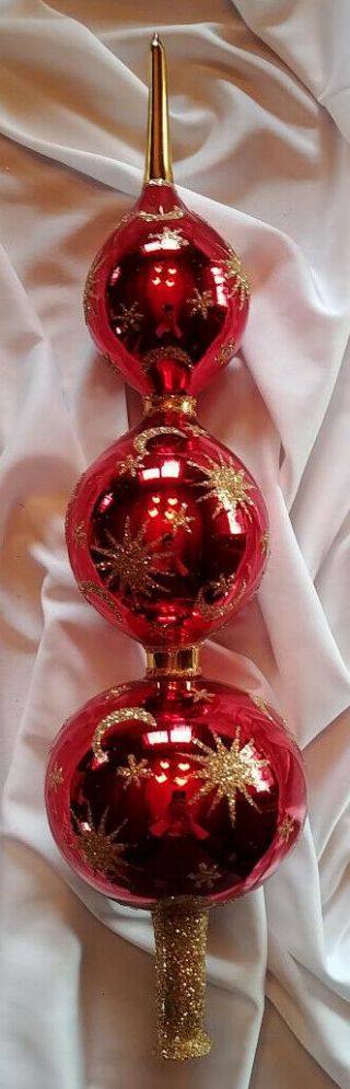 Early Radko 93 - 412 - 0 - Celestial Finial - 15 " - Gold Moon & Stars On Red