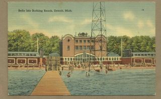 Detroit,  Mi/ Belle Isle Bathing Beach/ People Swimming/ Bldg/tower/linen Pc