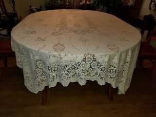 Vintage Cream Quaker Lace Tablecloth 68” X 90”
