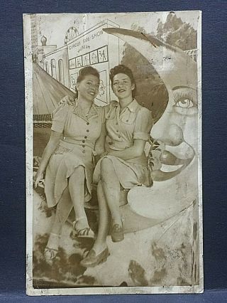 C1945 Paper Moon.  Real Photo Postcard.  " 2 Ladies,  At The Fair ".  Very Different