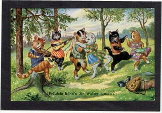 Artist Drawn Old Postcard Anthropomorphic Cats Dancing In The Wood Wssb