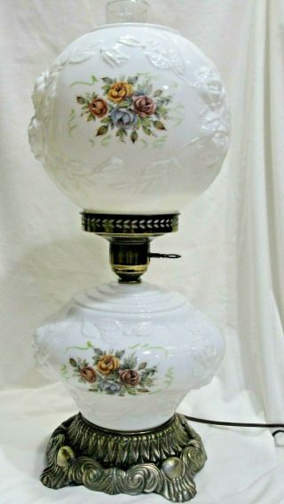 Vintage Gone With The Wind Milk Glass Puffy Rose Parlor Lamp Hand Painted Roses