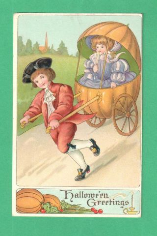 Vintage B.  W.  Halloween Postcard Boy Pulls Fashionable Girl In Pumpkin - Cart