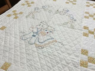 Vintage Handmade Child Toddler Quilt 47x58,  Hand - Quilted & Embroidered (rf720)