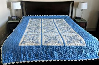 Vintage Blue And White Quilt - French Knotted And Cross Stitched - 94 " X 76 "