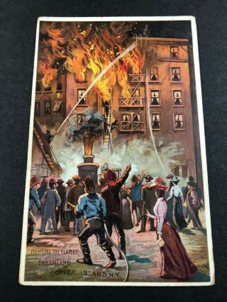 Coney Island Ny Dreamland Burning Amusement Park Fire Firefighting Postcard