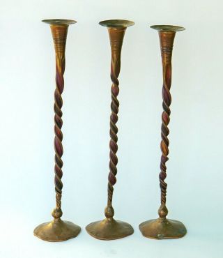 Set Of 3 Hessel Studios Hand Wrought Copper Candlesticks " Pillar Of Fire "