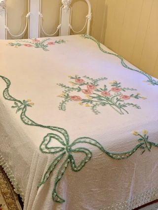 Vintage Full Size Cotton Chenille Bedspread Flowers & Bows Cottage Charm