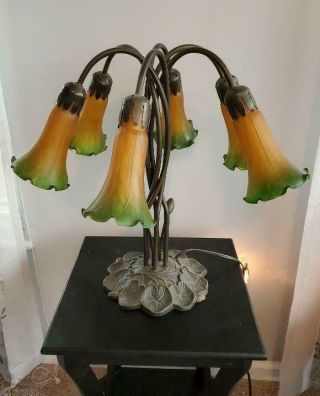 Gorgeous Tiffany Style Pond Lilly Pad Table Lamp 6 Bi - Color Blown Glass Shades