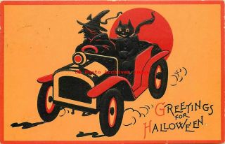 Halloween,  Gabriel No 122 - 4,  Witch & Black Cat Riding An Early Auto