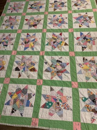 Vintage Quilt Hand Made 8 Point Star Possibly Feed Sack Fabric 66 X 84
