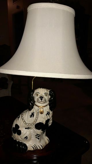 Antique Staffordshire Black & White Spaniel Dog Ceramic Table Lamp
