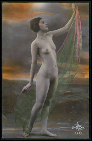 French Nude Woman Flapper Veil C1910 - 1920s Tinted Color Photo Postcard