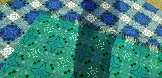 Vintage Tregwynt Reversible Welsh Wool Tapestry Blanket 88 " X 84 " Blue Green Etc