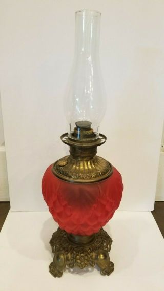 Antique Red Satin Glass Royal Kerosene/oil Lamp,  23.  5 " Tall