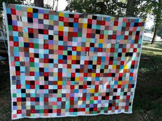 Vintage Knotted Quilt: Multi Colored Small Squares - Light Weight - 87 " X 72 "