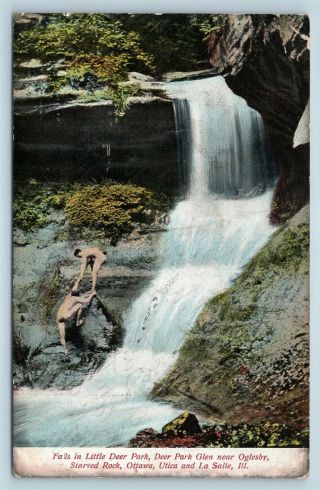 Postcard Il Oglesby Starved Rock Falls Little Deer Park Glen Skinny Dipping T13