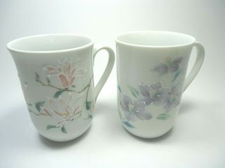 Vintage Pair Hand Painted Porcelain Otagiri Mugs Pastel Floral Circa 1980s Japan