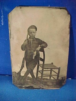19thc Civil War Era Tintype Photo W Young Boy Holding A Real Rifle,  Pistol