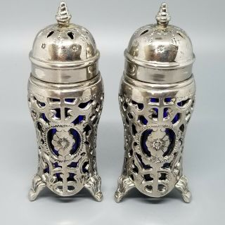 Footed Ornate Salt And Pepper Shakers Cobalt Blue Glass Silver Plated Vintage