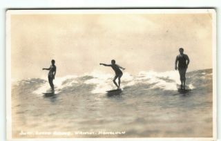 1930s Tom Blake Classic Surf Riding At Waikiki Real Photo Postcard Rppc Surfing