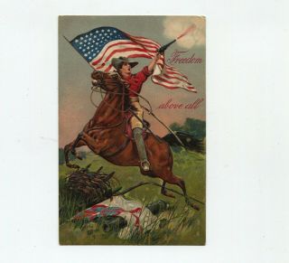 Pfb Fourth Of July Patriotic Embossed Horseman U.  S.  Flag Revolver Gun Postcard