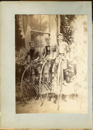 Albumen Photograph 3 Men On Velocipede Or Penny Farthing Bicycle 1880s