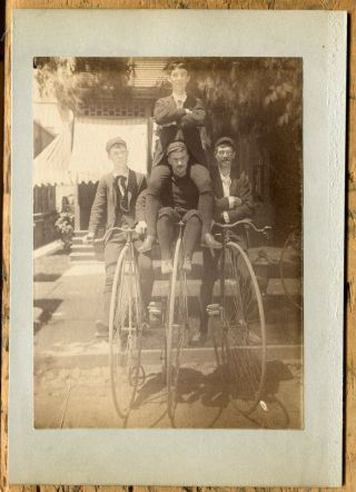Albumen Photograph 4 Men On Velocipede Or Penny Farthing Bicycle 1880s