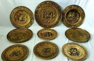 Set Of 9 Vintage Embossed Brass Wall Plates All Made In England Different Sizes