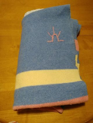 Vintage Baron Woolen Mills Rising Sun Striped Wool Blanket 81 " X 68 " Blue Pink