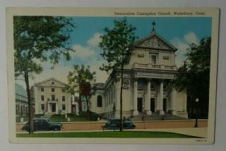 Vintage Connecticut Linen Postcard Immaculate Conception Church Waterbury Ct