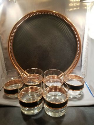Vintage Coppercraft Guild Copper Bar Serving Tray And Glass Set Copper & Leather