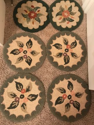Vintage Hand - Hooked Rug Chair Pads Set Of 6.  15 " Round.