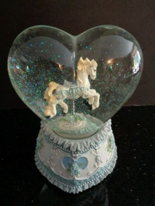 Carousel Horse Snow Globe Music Box Heart Shaped Blue