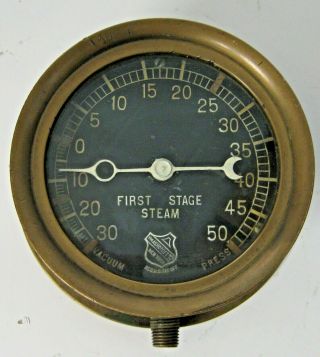 Antique 5 1/8 " Steam Brass Ashcroft Vacuum / Pressure Gauge 50 Psi Vacuum 30